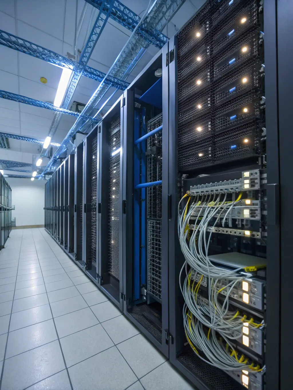 A secure data center with servers and network equipment, symbolizing reliable hosting and management services provided by EGS Technical Solutions.