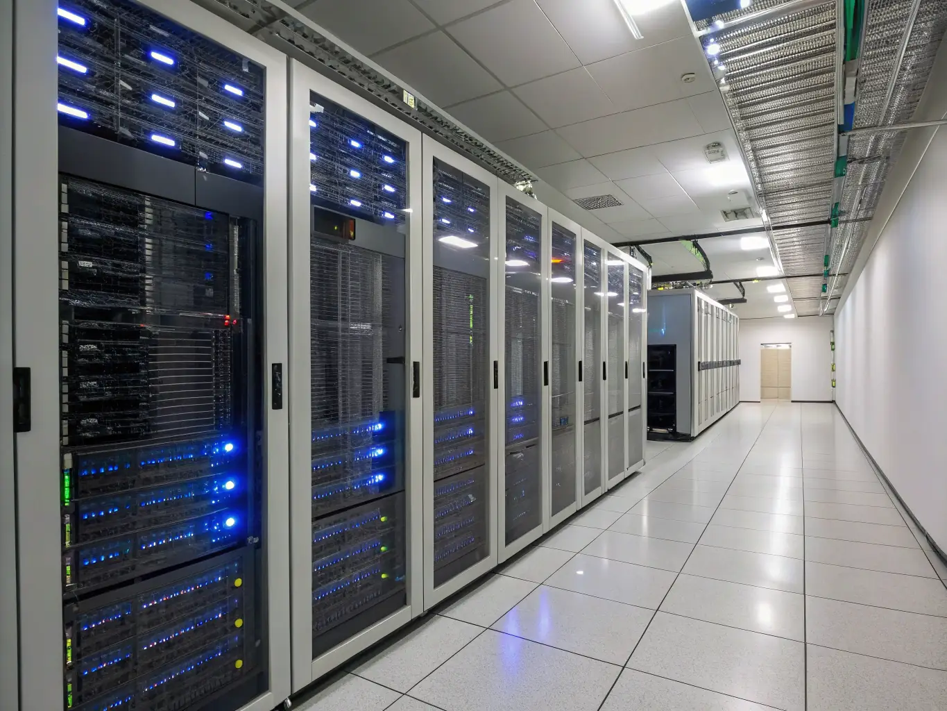 A server room with blinking lights, symbolizing reliable hosting and data security.