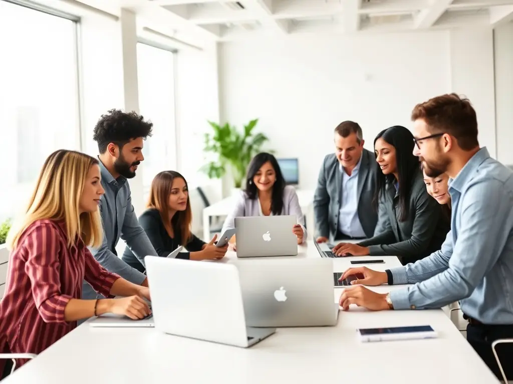 A team of digital experts collaborating around a table, brainstorming innovative solutions for a client's website.