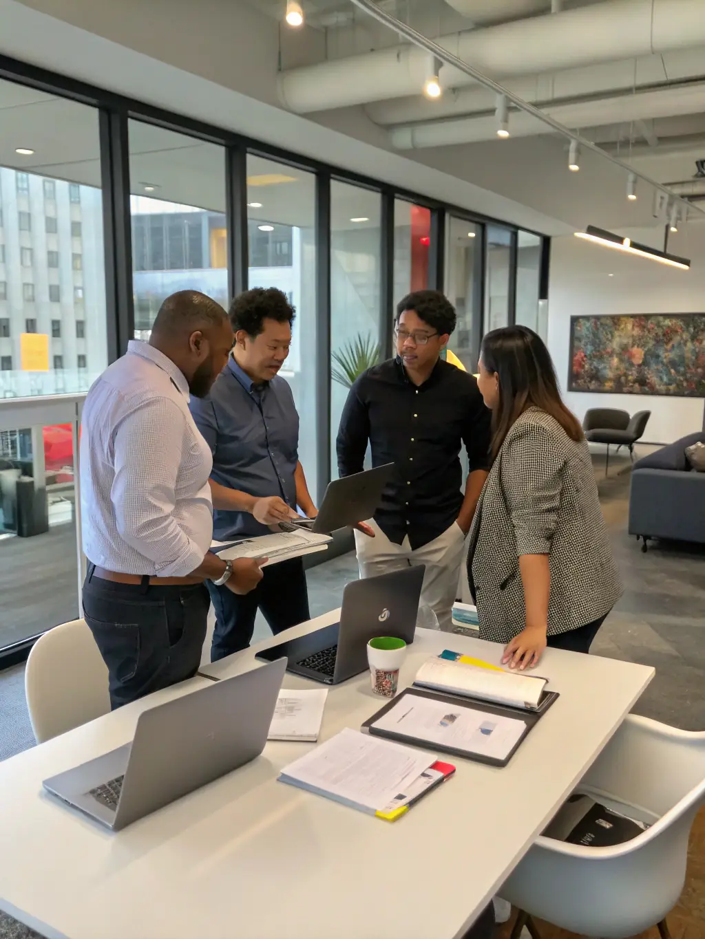 A diverse team of digital experts collaborating in a modern office environment, representing the comprehensive digital solutions offered by EGS Technical Solutions.