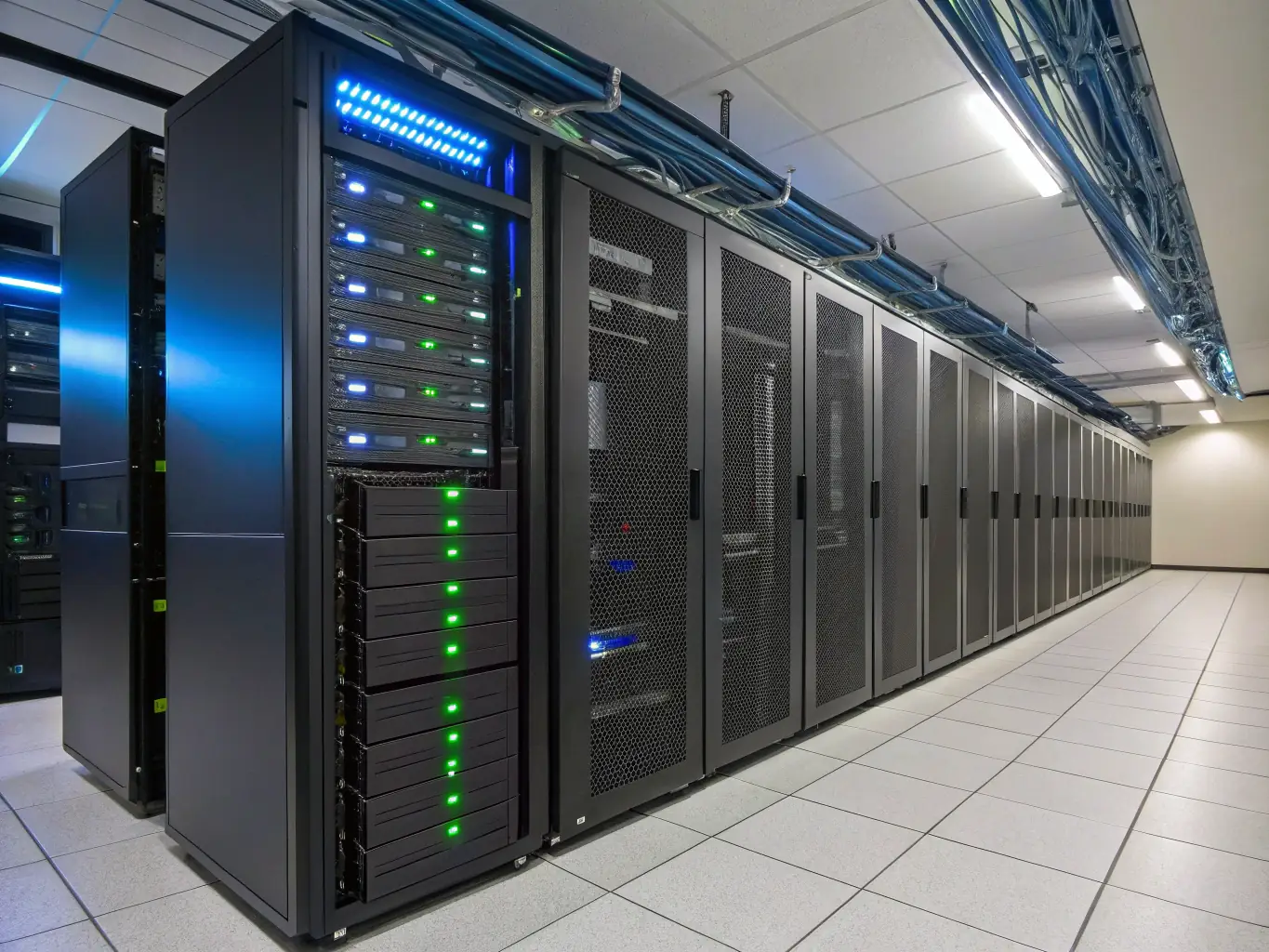 A secure server room environment with blinking lights, illustrating the reliability and security of hosting and management services.