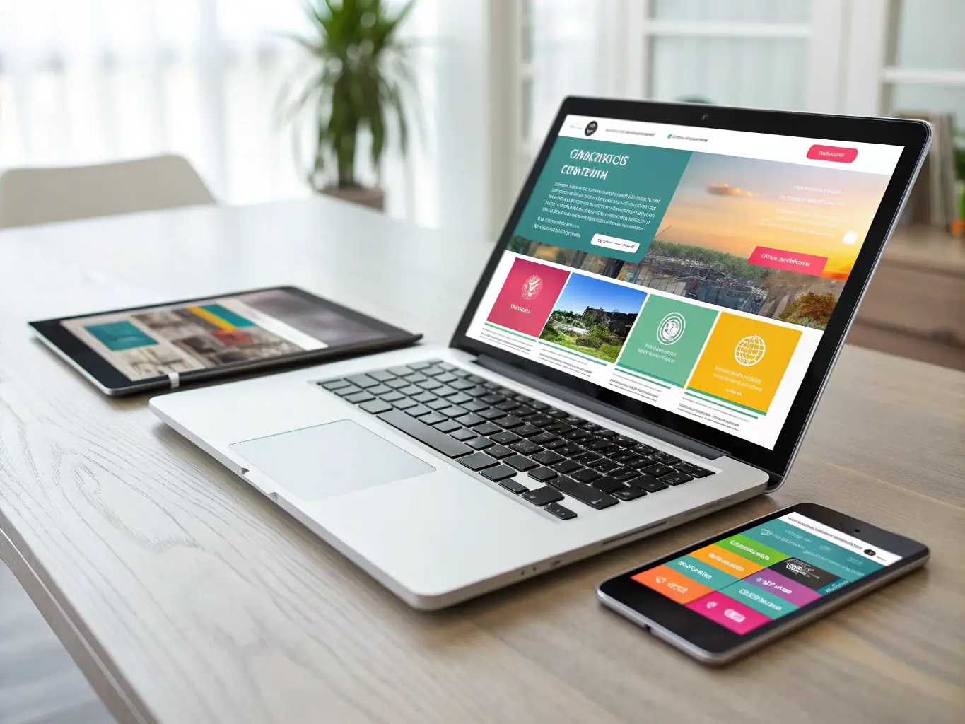 A clean, modern website design showcasing responsive layouts on various devices, emphasizing user experience and visual appeal.